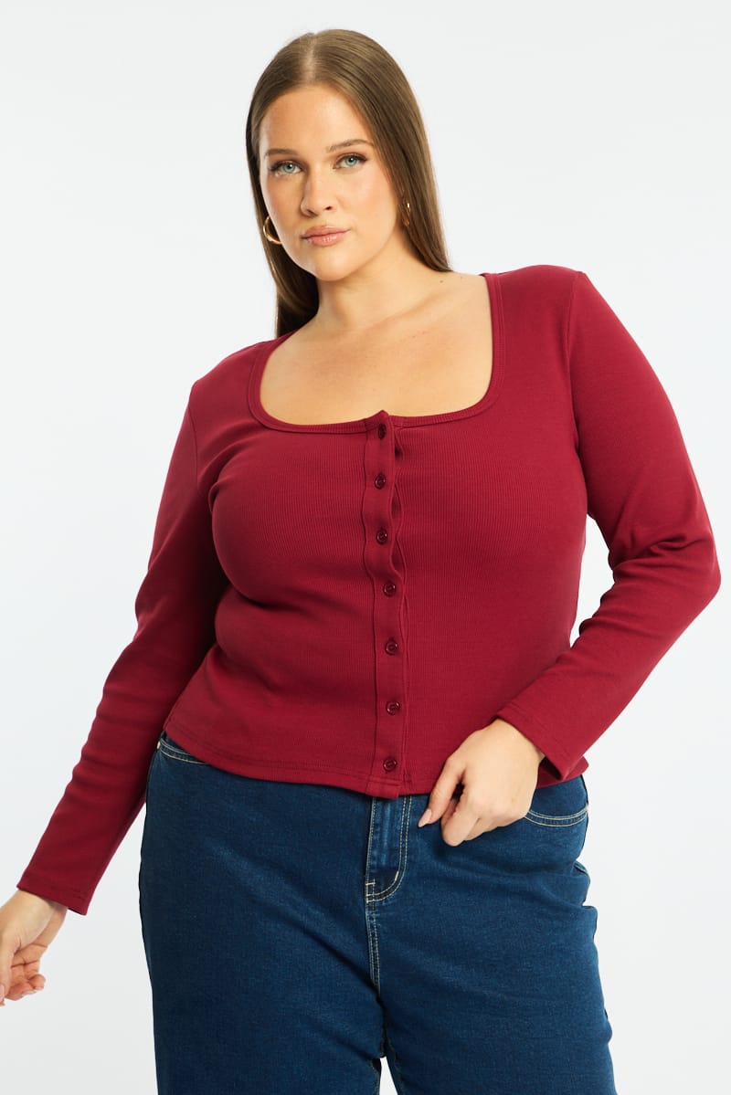 Red Button Front Top Long Sleeve Rib for YouandAll Fashion