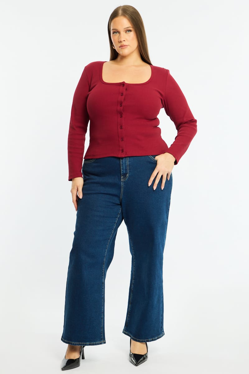 Red Button Front Top Long Sleeve Rib for YouandAll Fashion