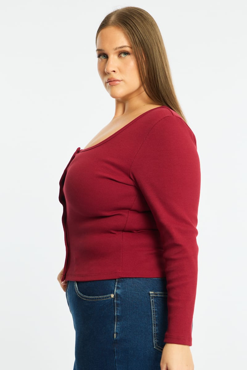 Red Button Front Top Long Sleeve Rib for YouandAll Fashion