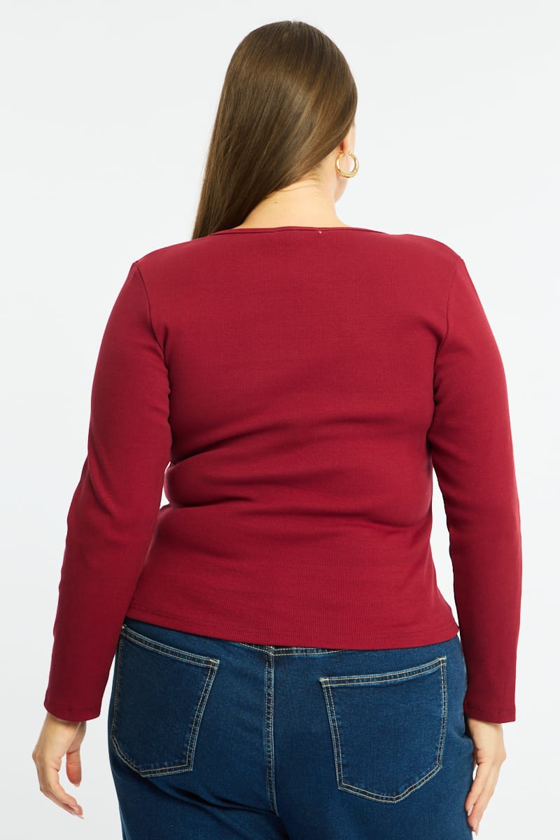 Red Button Front Top Long Sleeve Rib for YouandAll Fashion