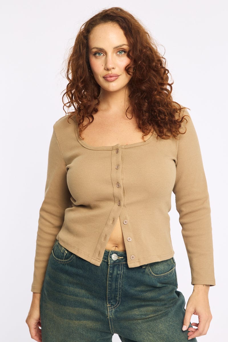 Brown Button Front Top Long Sleeve Rib for YouandAll Fashion