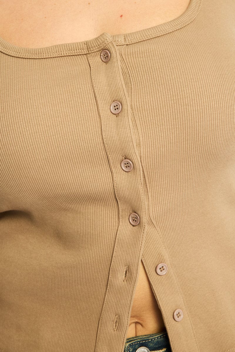 Brown Button Front Top Long Sleeve Rib for YouandAll Fashion