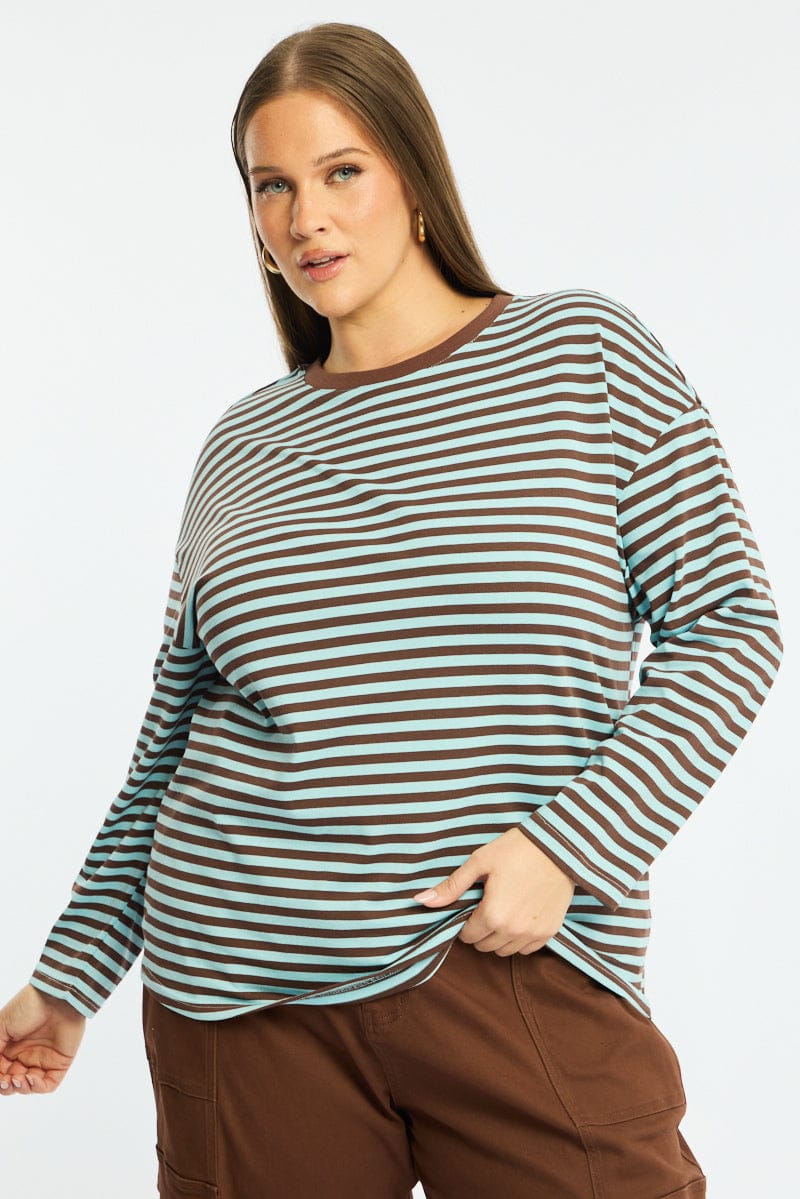 Brown Stripe Stripe Top Long Sleeve for YouandAll Fashion