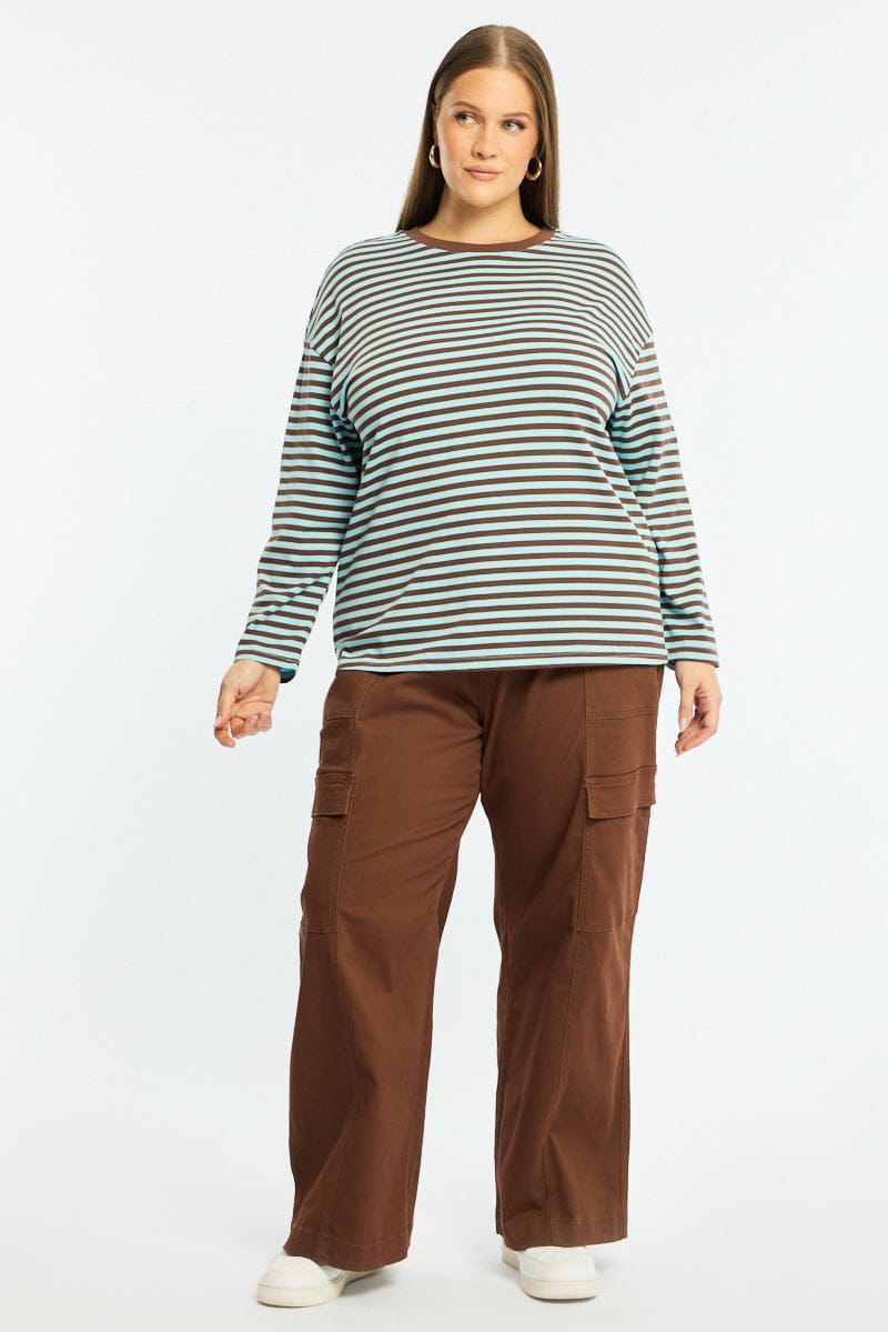 Brown Stripe Stripe Top Long Sleeve for YouandAll Fashion