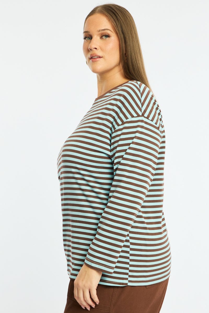 Brown Stripe Stripe Top Long Sleeve for YouandAll Fashion