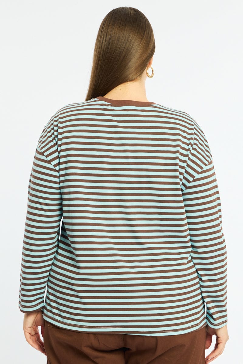 Brown Stripe Stripe Top Long Sleeve for YouandAll Fashion