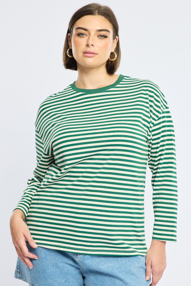 Green Stripe Stripe Top Long Sleeve for YouandAll Fashion