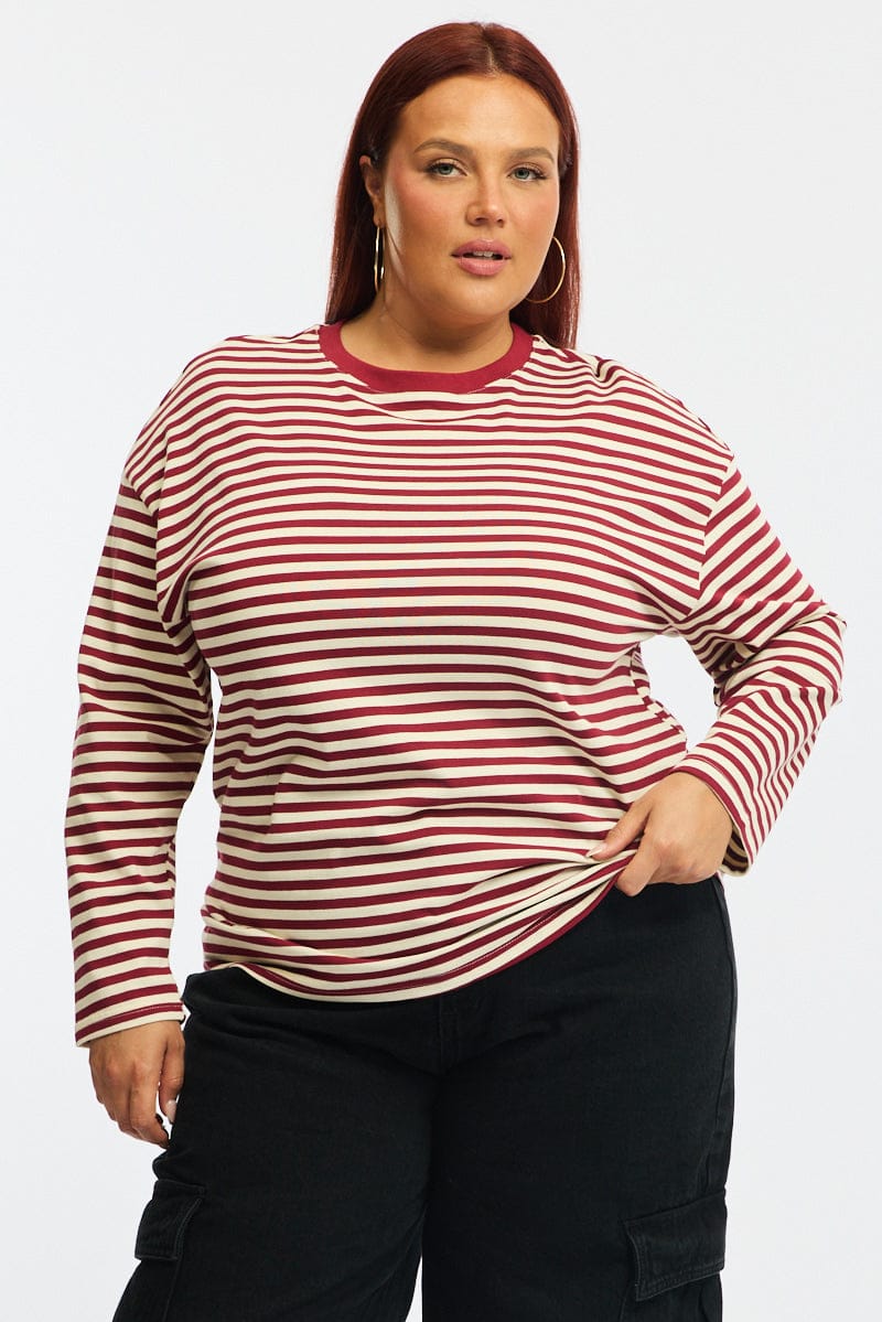 Red Stripe Stripe Top Long Sleeve for YouandAll Fashion