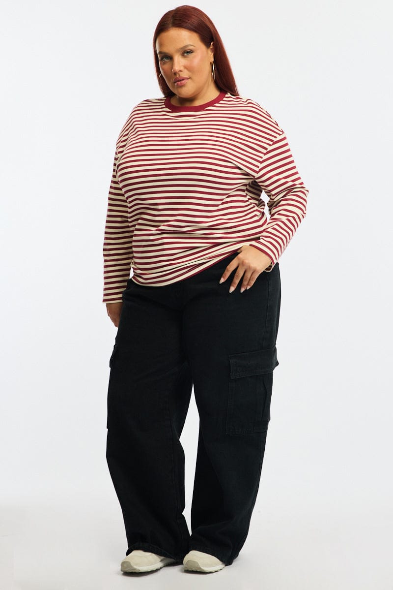 Red Stripe Stripe Top Long Sleeve for YouandAll Fashion