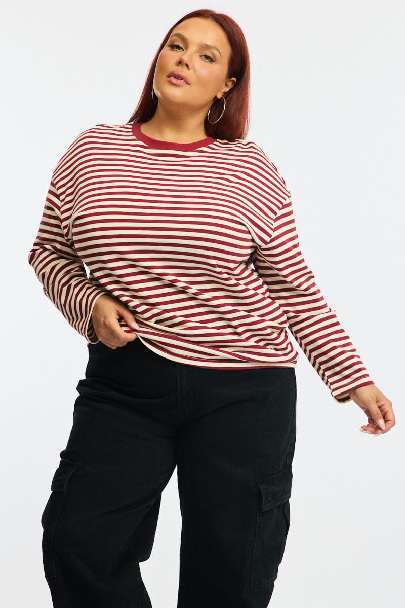 Red Stripe Stripe Top Long Sleeve for YouandAll Fashion