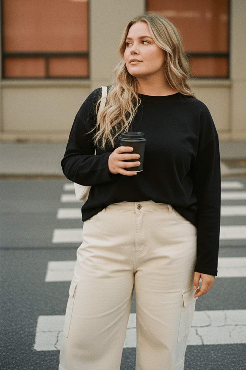 Black Relaxed T-shirt Long Sleeve for YouandAll Fashion