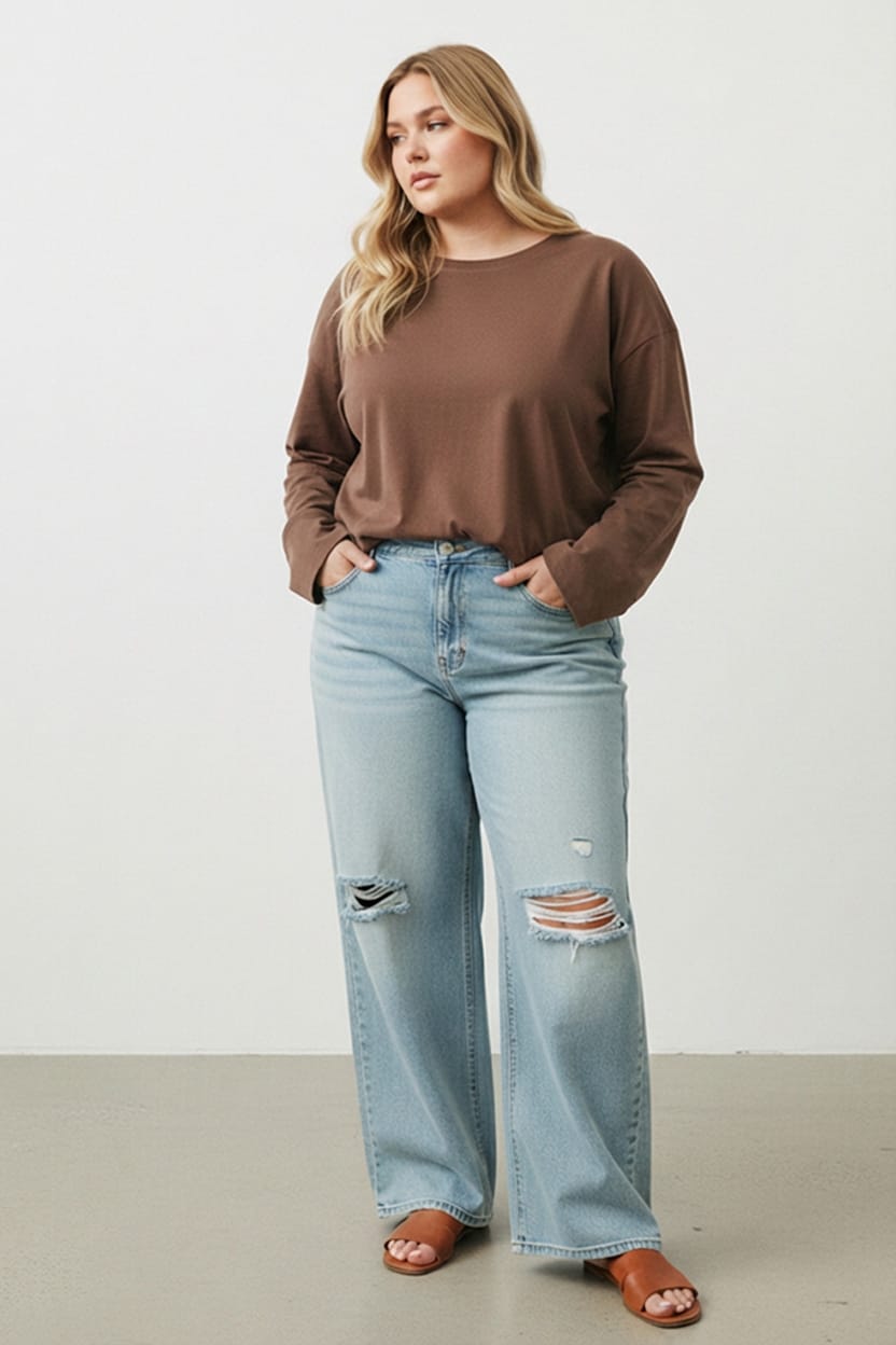 Brown Relaxed T-shirt Long Sleeve for YouandAll Fashion