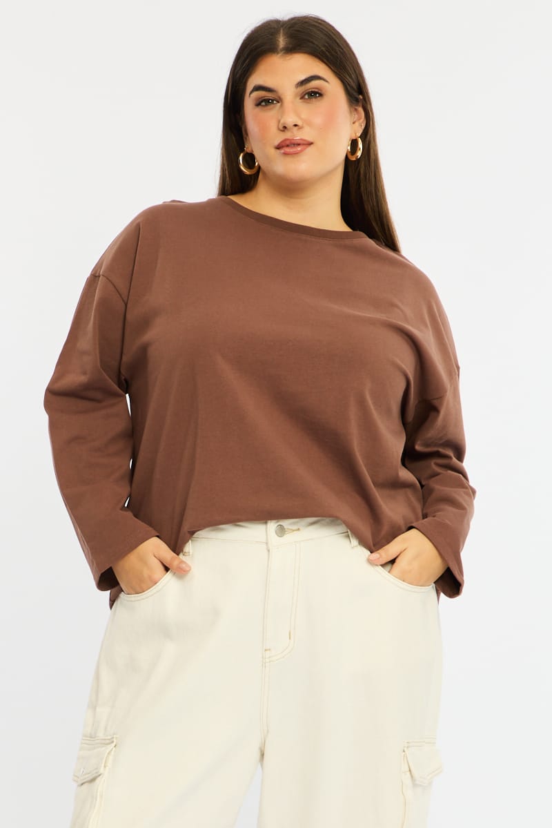 Brown Relaxed T-shirt Long Sleeve for YouandAll Fashion