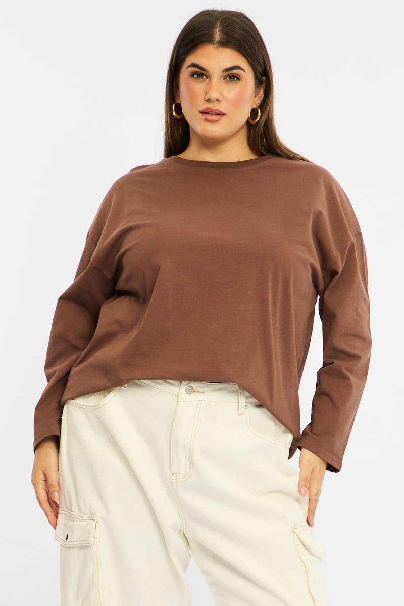Brown Relaxed T-shirt Long Sleeve for YouandAll Fashion