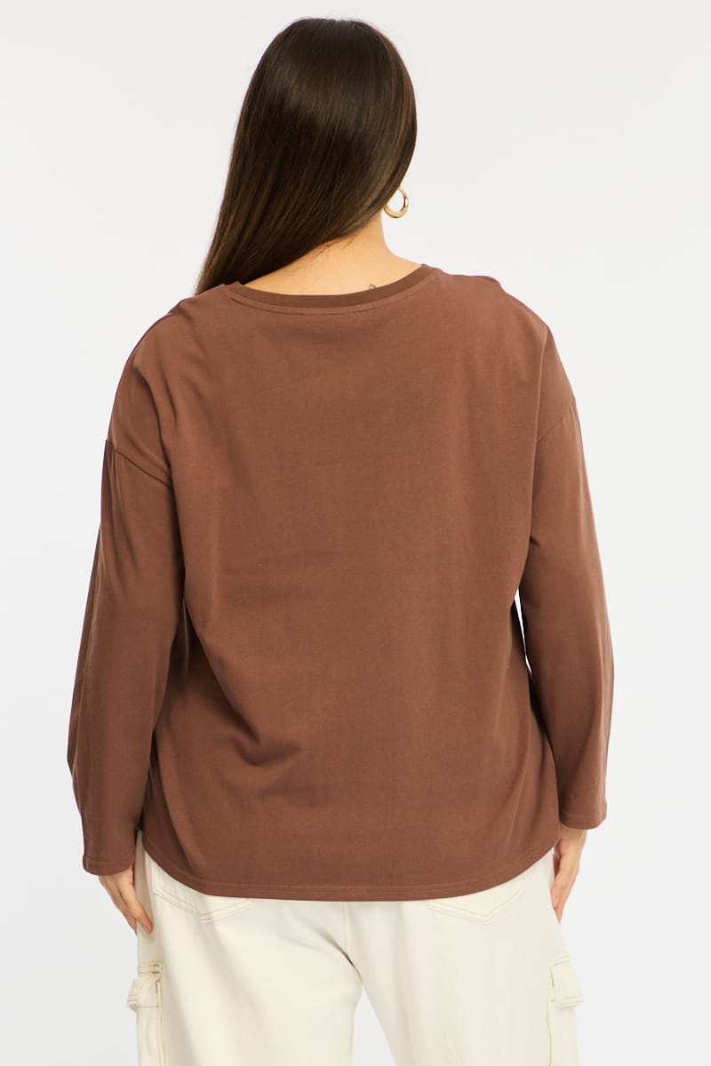 Brown Relaxed T-shirt Long Sleeve for YouandAll Fashion