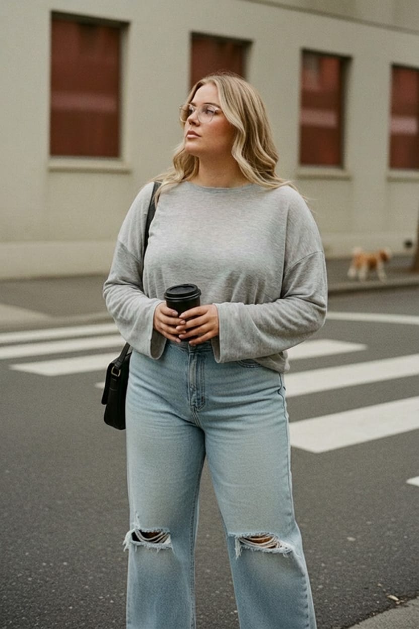 Grey Relaxed T-shirt Long Sleeve for YouandAll Fashion
