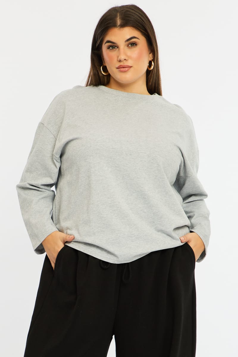 Grey Relaxed T-shirt Long Sleeve for YouandAll Fashion