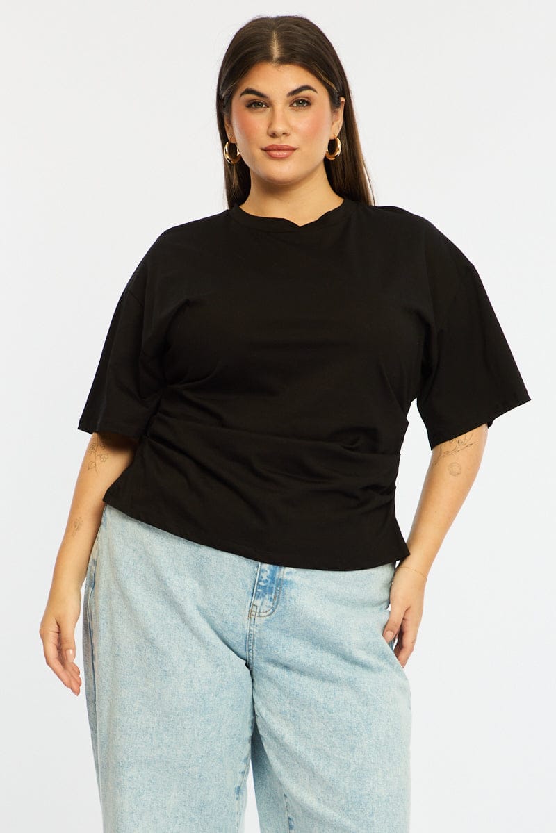 Black Bat Wing Top Short Sleeve Side Ruched for YouandAll Fashion
