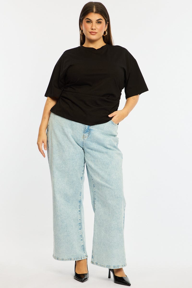 Black Bat Wing Top Short Sleeve Side Ruched for YouandAll Fashion
