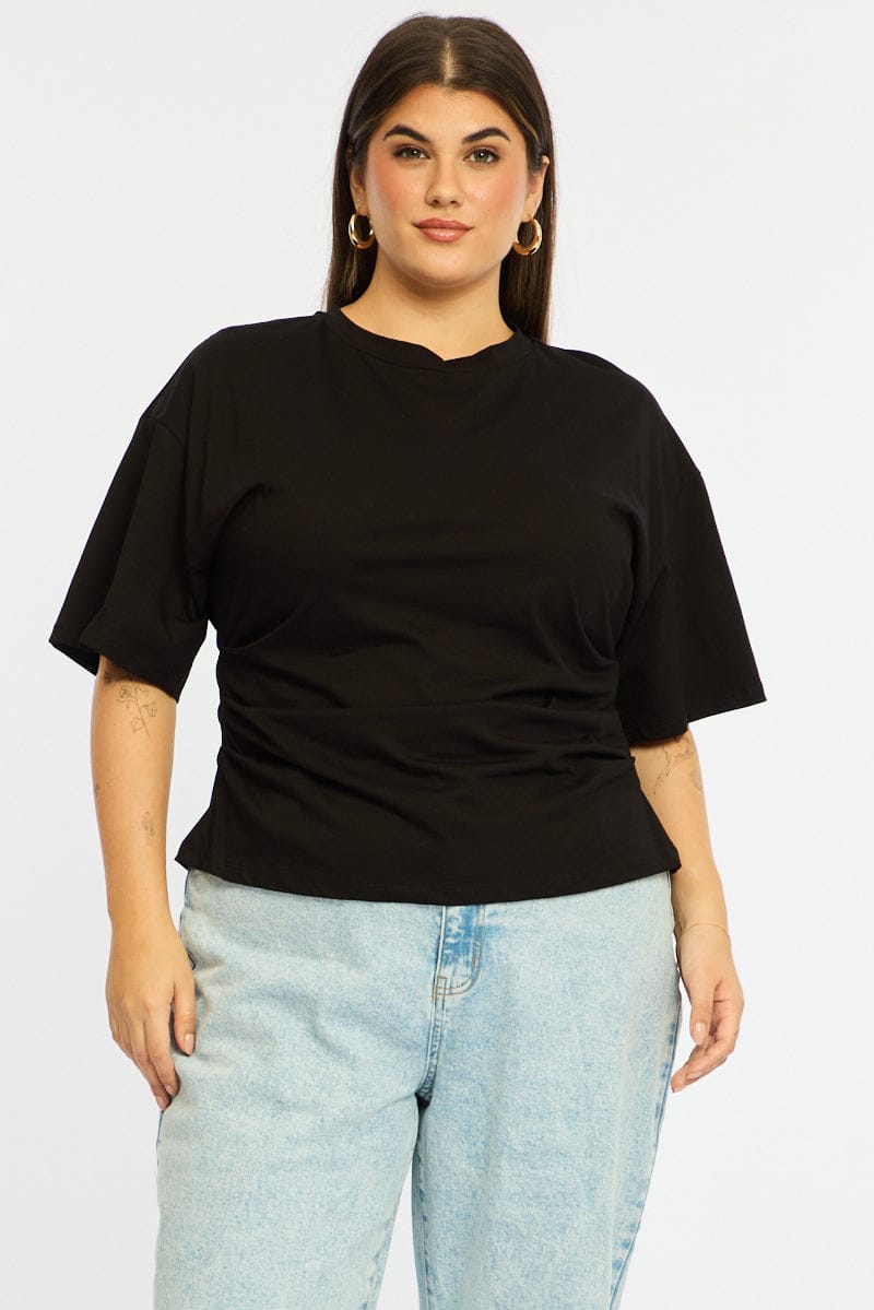 Black Bat Wing Top Short Sleeve Side Ruched for YouandAll Fashion