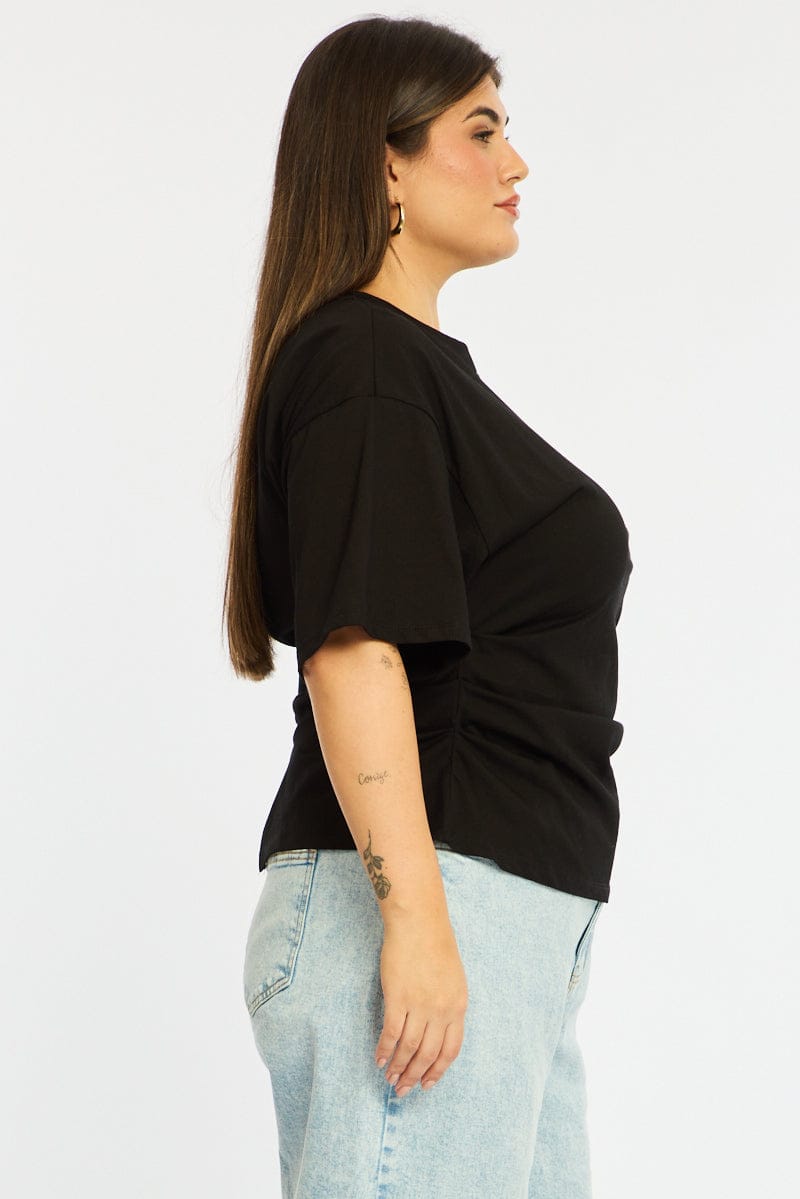 Black Bat Wing Top Short Sleeve Side Ruched for YouandAll Fashion
