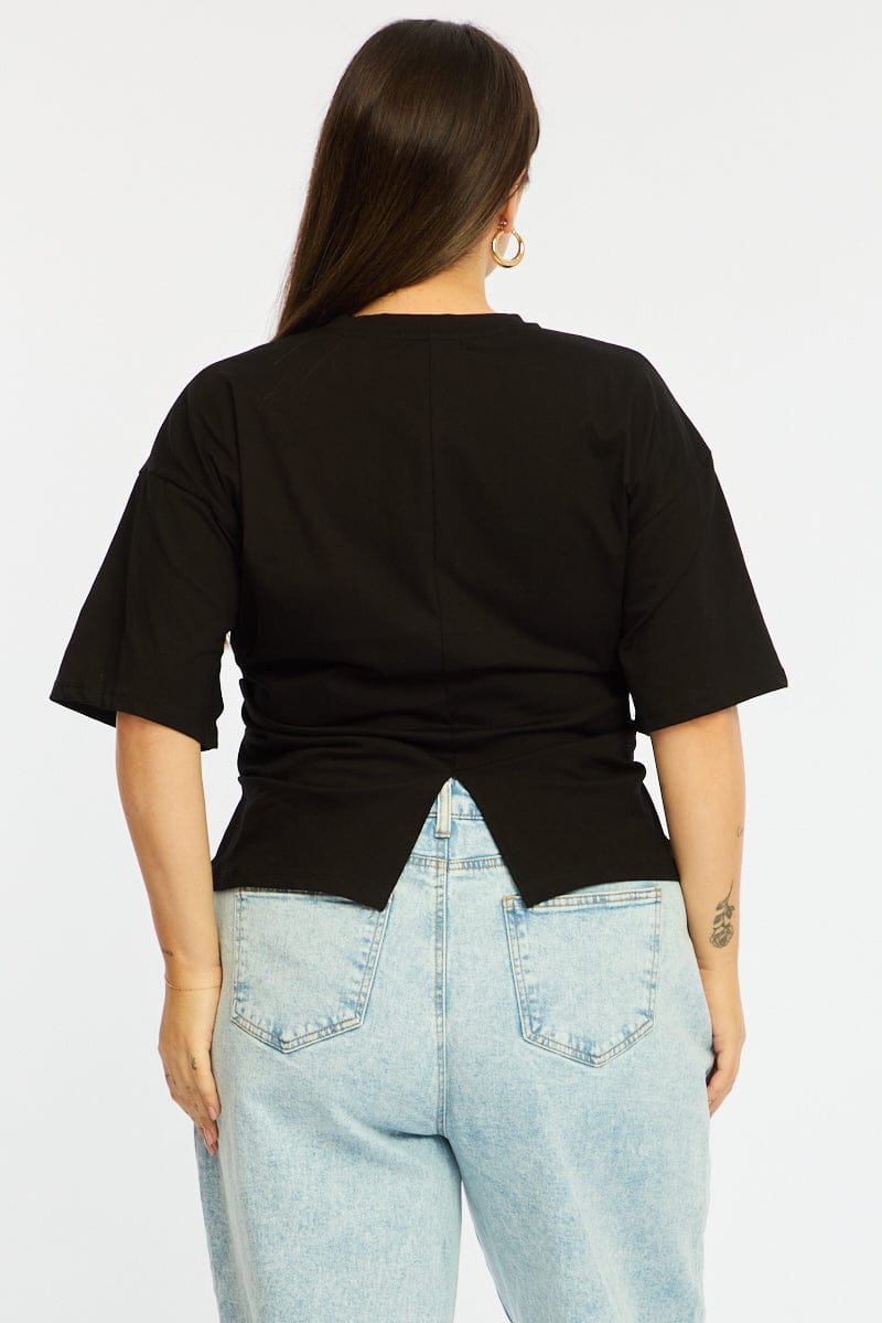 Black Bat Wing Top Short Sleeve Side Ruched for YouandAll Fashion