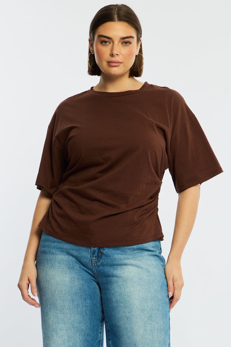 Brown Bat Wing Top Short Sleeve Side Ruched for YouandAll Fashion