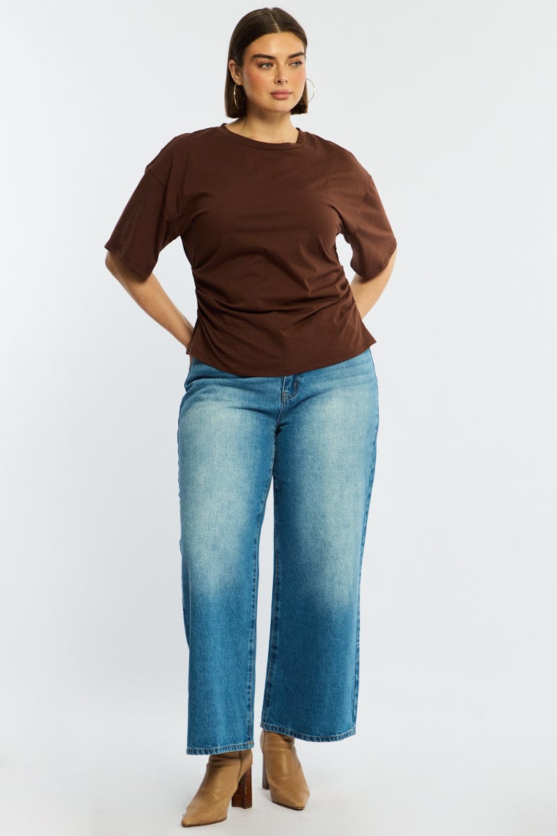 Brown Bat Wing Top Short Sleeve Side Ruched for YouandAll Fashion