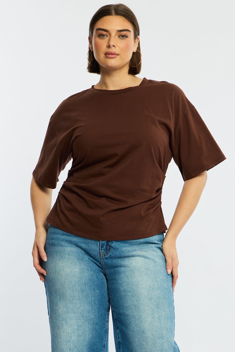 Brown Bat Wing Top Short Sleeve Side Ruched for YouandAll Fashion