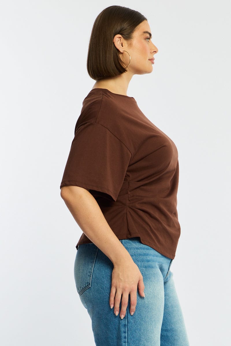 Brown Bat Wing Top Short Sleeve Side Ruched for YouandAll Fashion