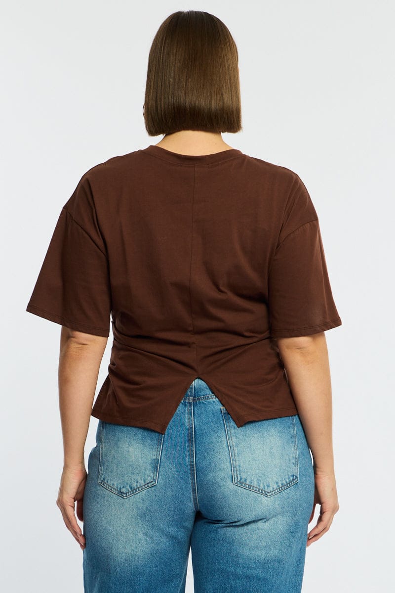 Brown Bat Wing Top Short Sleeve Side Ruched for YouandAll Fashion