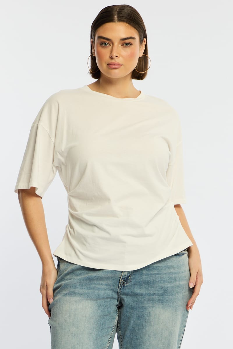 White Bat Wing Top Short Sleeve Side Ruched for YouandAll Fashion