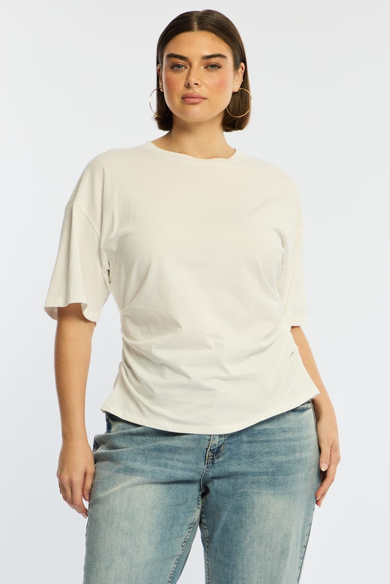 White Bat Wing Top Short Sleeve Side Ruched for YouandAll Fashion