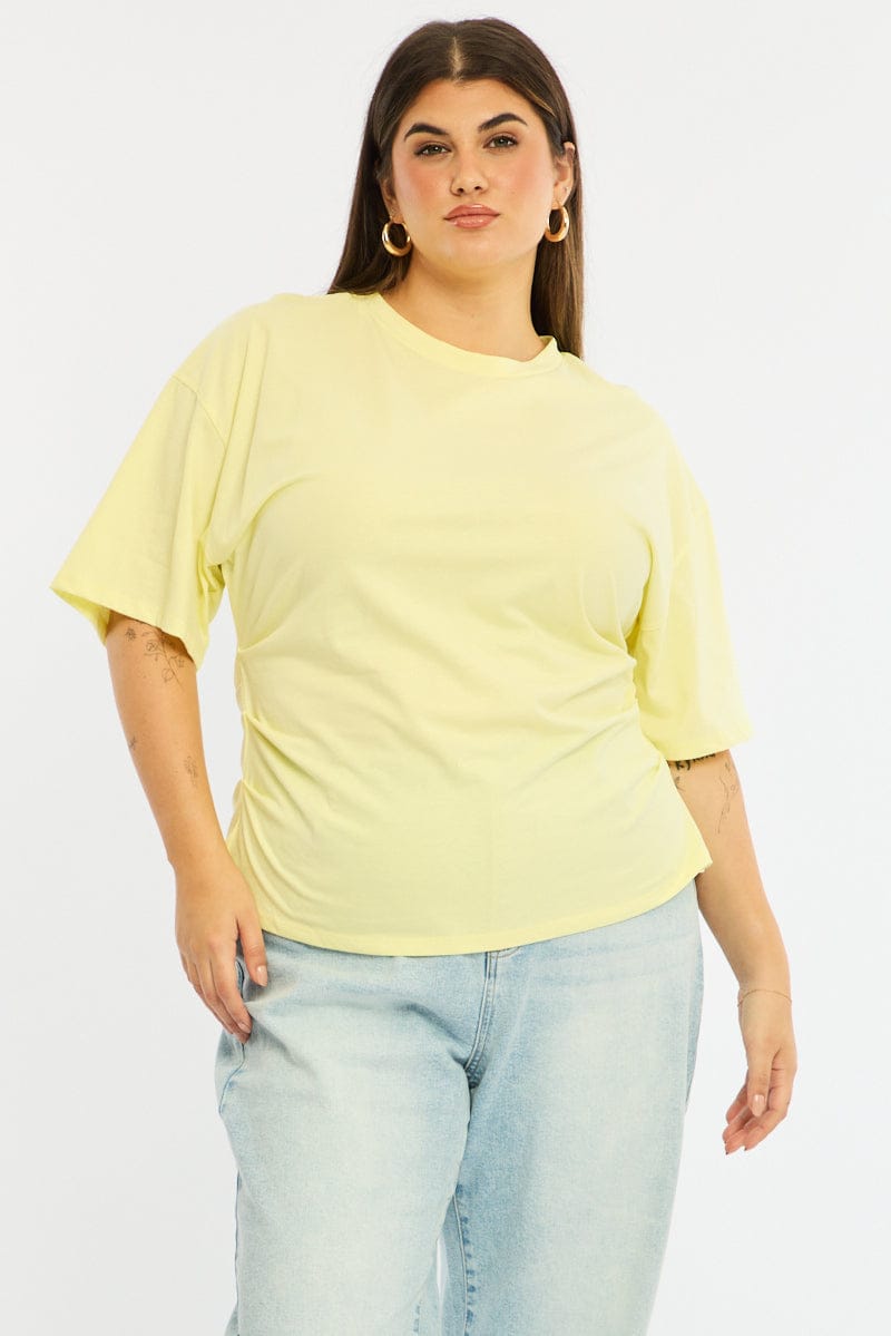 Yellow Bat Wing Top Short Sleeve Side Ruched for YouandAll Fashion