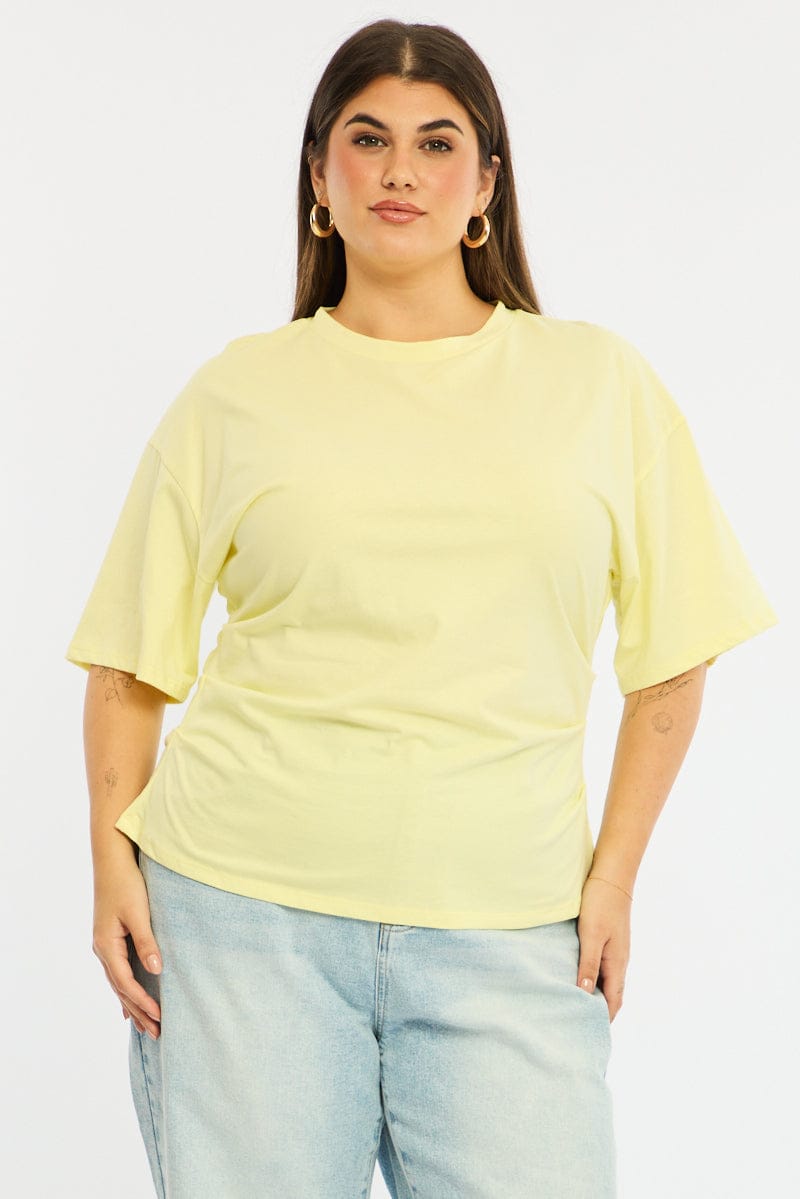 Yellow Bat Wing Top Short Sleeve Side Ruched for YouandAll Fashion