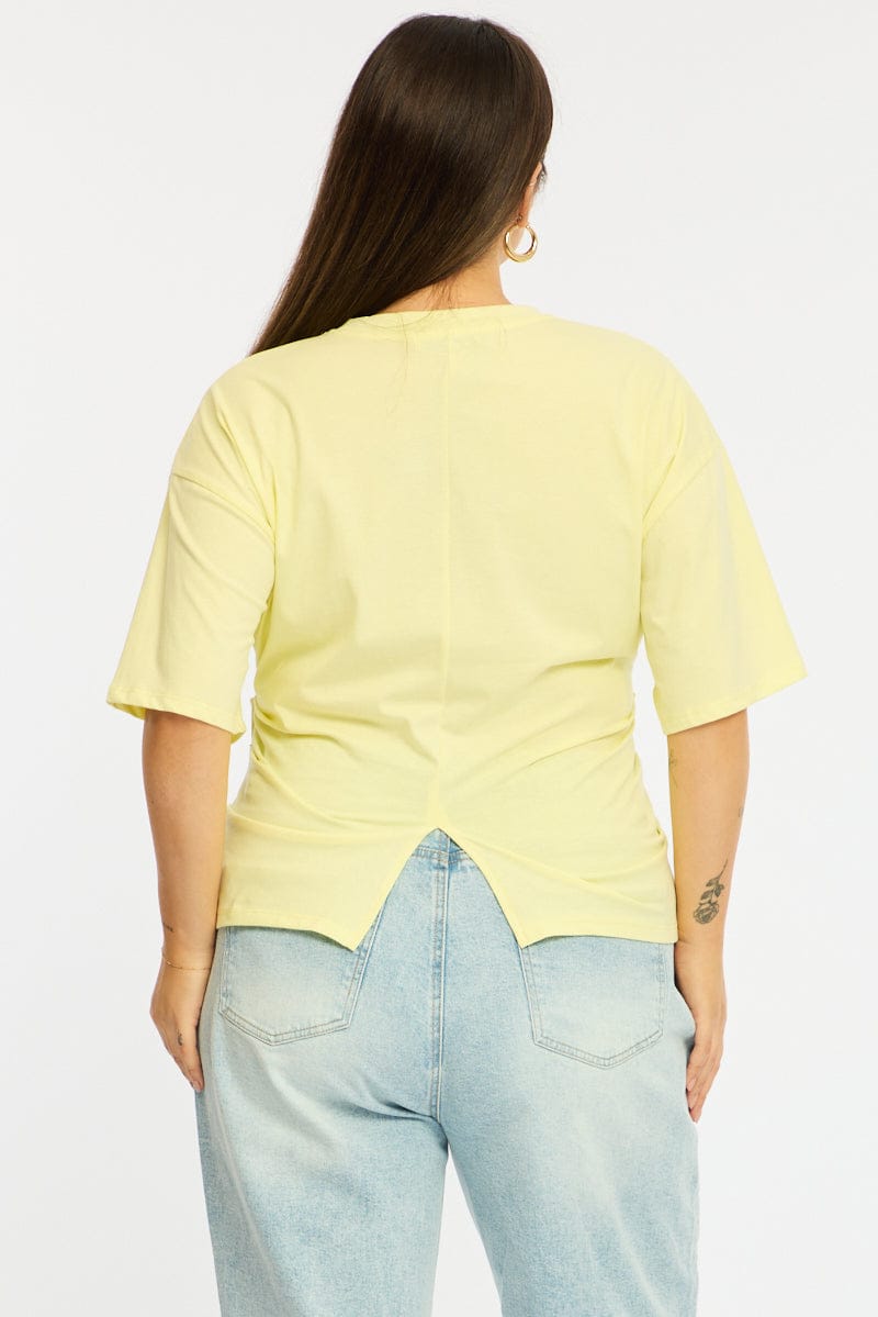 Yellow Bat Wing Top Short Sleeve Side Ruched for YouandAll Fashion