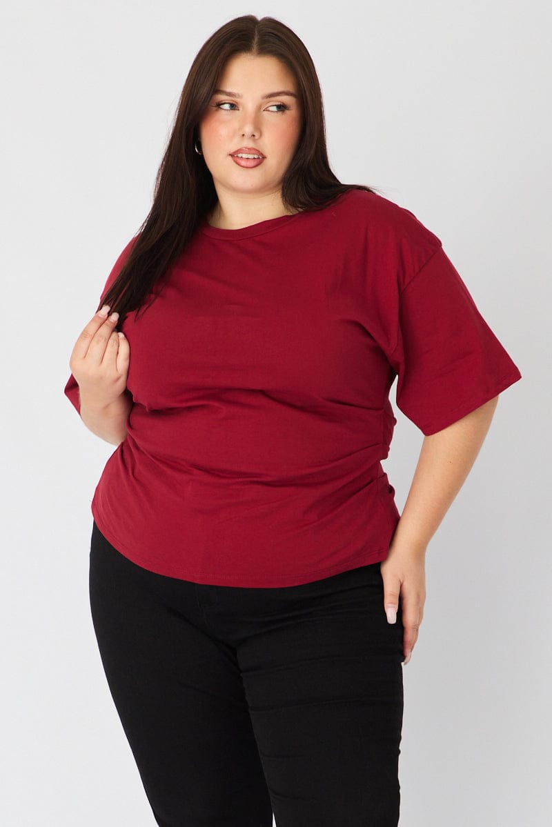 Red Bat Wing Top Short Sleeve Side Ruched for YouandAll Fashion