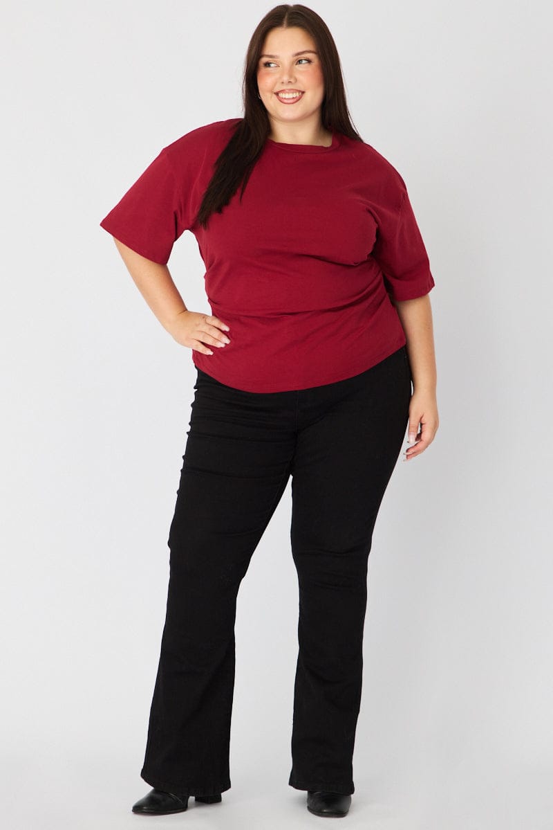 Red Bat Wing Top Short Sleeve Side Ruched for YouandAll Fashion
