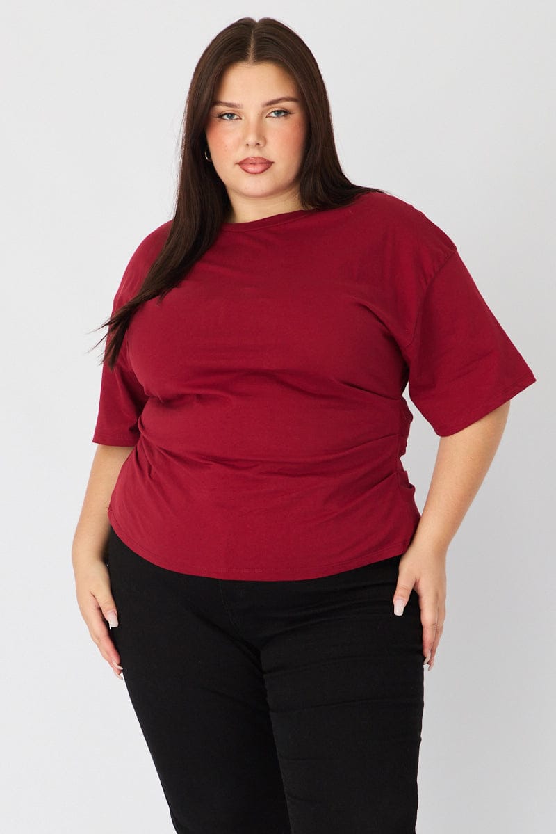 Red Bat Wing Top Short Sleeve Side Ruched for YouandAll Fashion