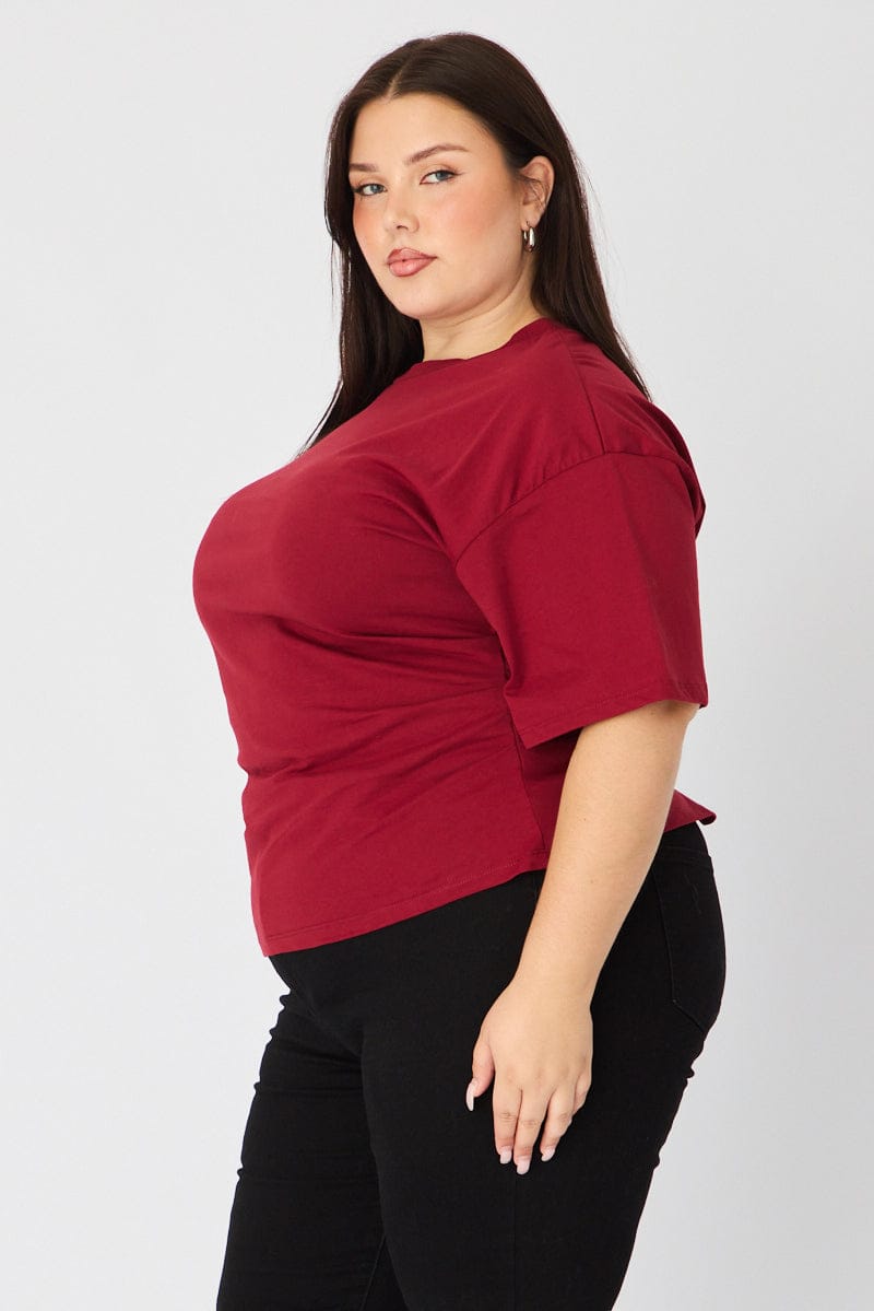 Red Bat Wing Top Short Sleeve Side Ruched for YouandAll Fashion