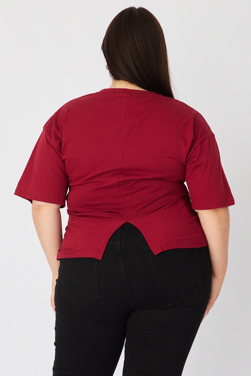 Red Bat Wing Top Short Sleeve Side Ruched for YouandAll Fashion