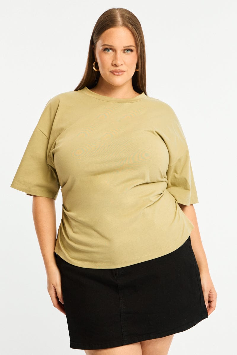 Green Bat Wing Top Short Sleeve Side Ruched for YouandAll Fashion