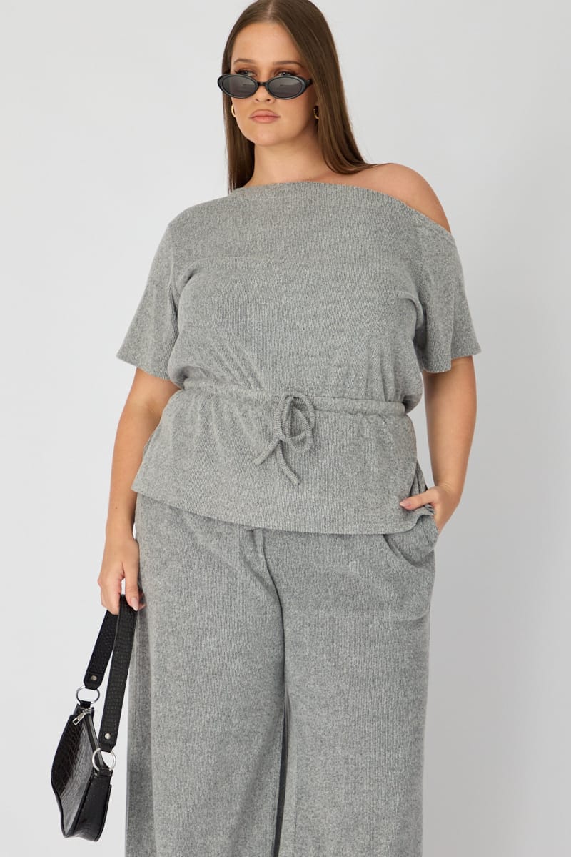 Grey One Shoulder Top Short Sleeve Tie Waist for YouandAll Fashion