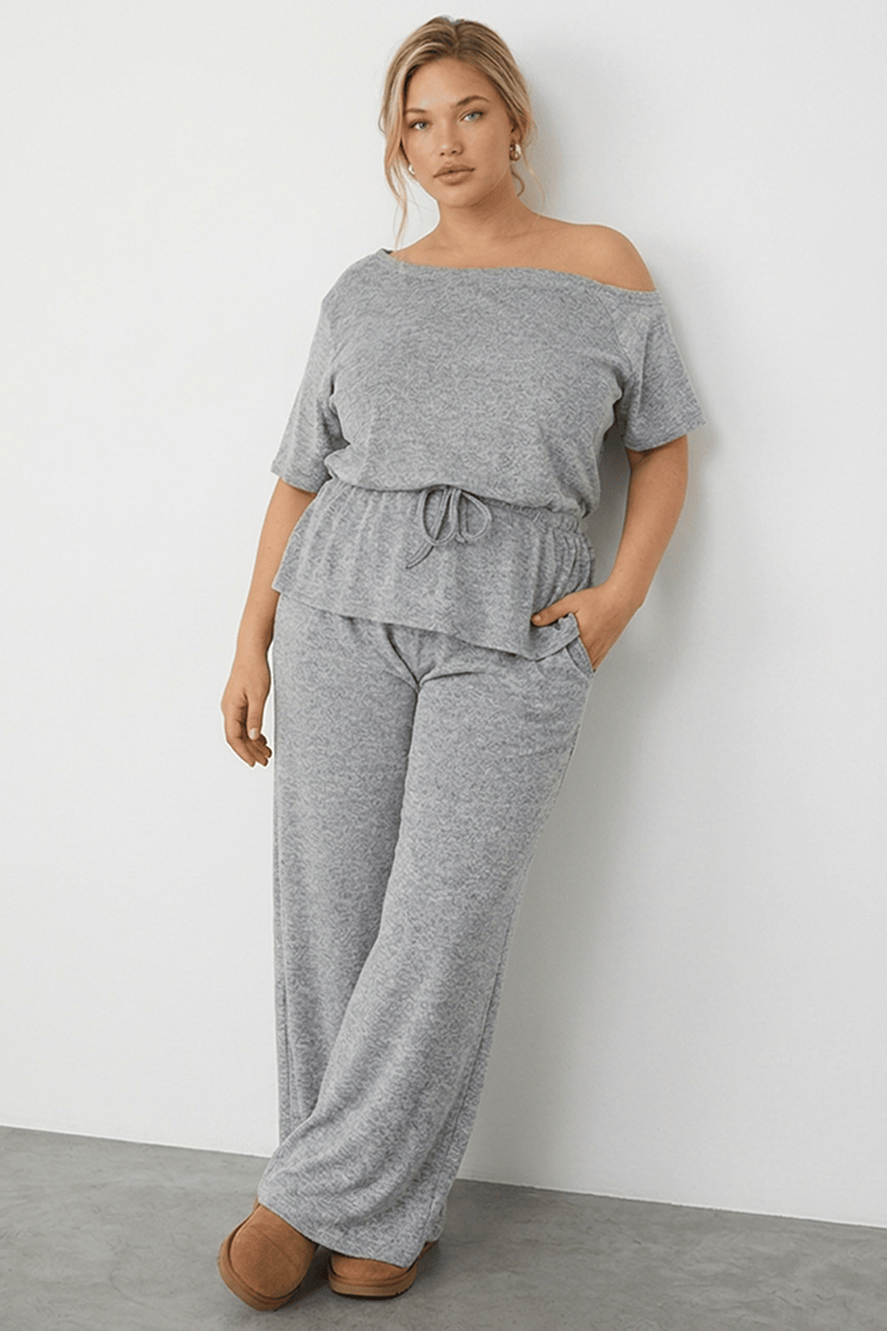 Grey One Shoulder Top Short Sleeve Tie Waist for YouandAll Fashion