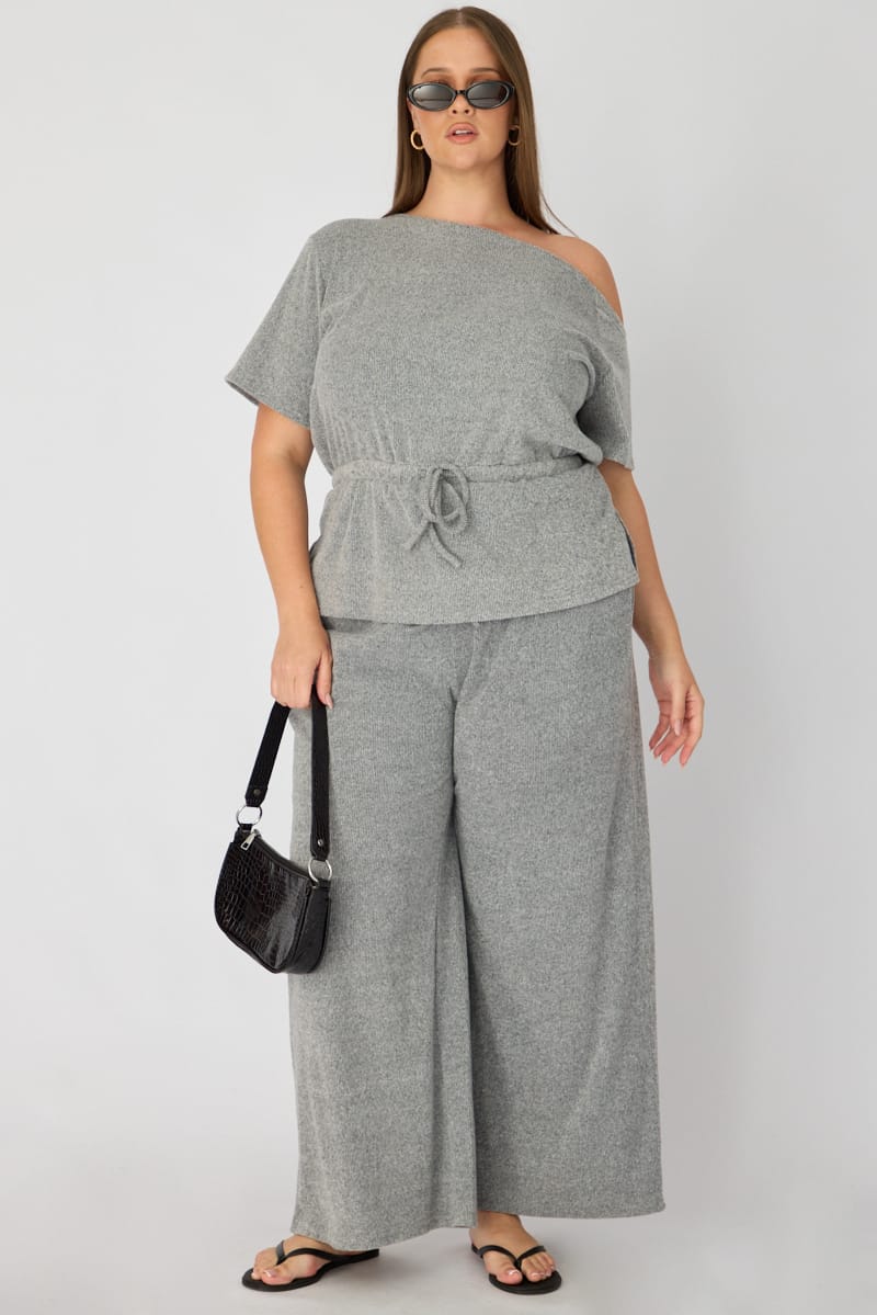 Grey One Shoulder Top Short Sleeve Tie Waist for YouandAll Fashion
