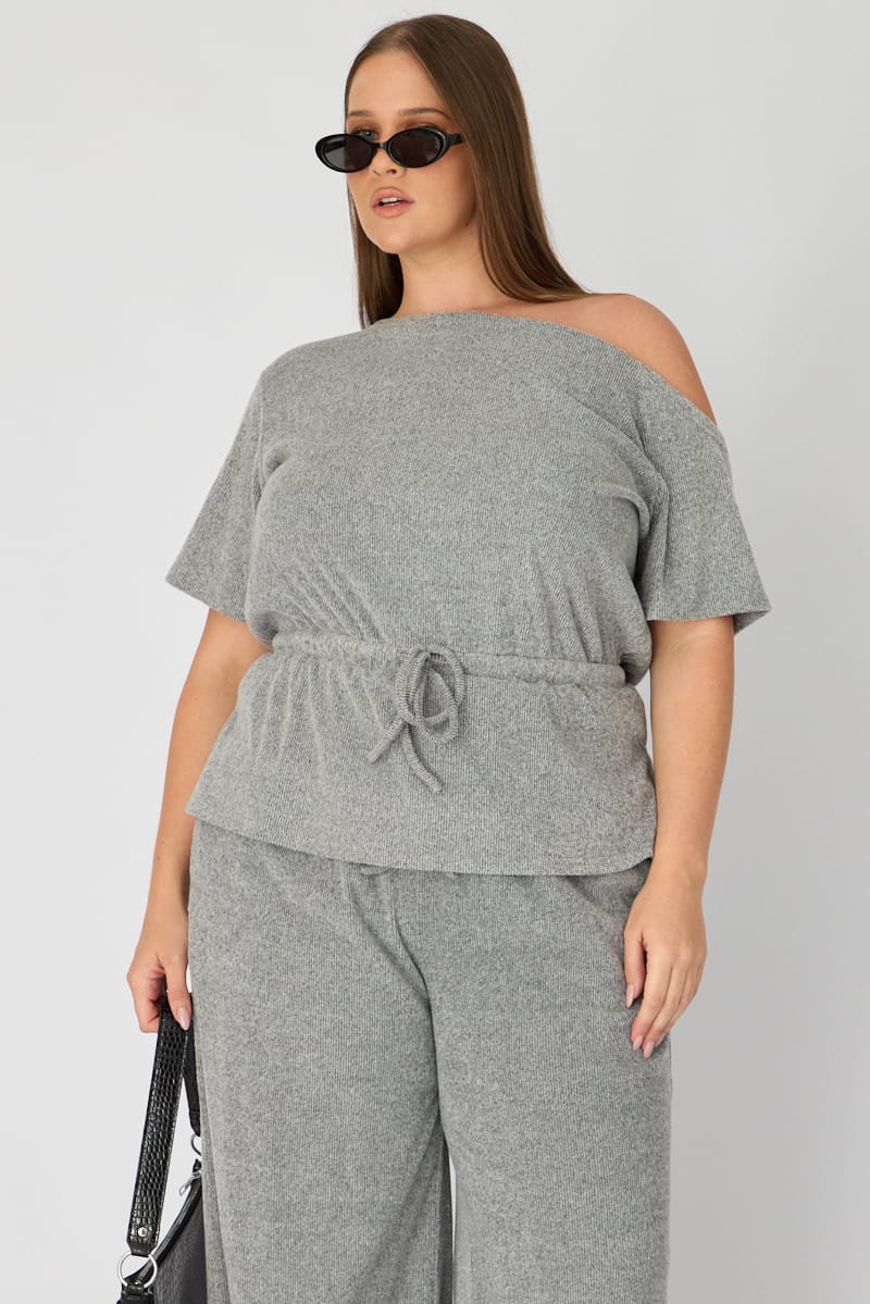 Grey One Shoulder Top Short Sleeve Tie Waist for YouandAll Fashion