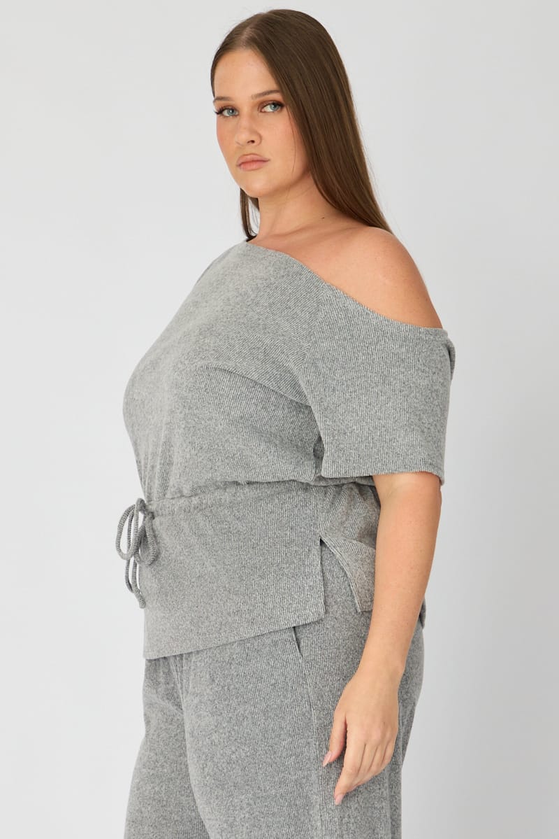 Grey One Shoulder Top Short Sleeve Tie Waist for YouandAll Fashion