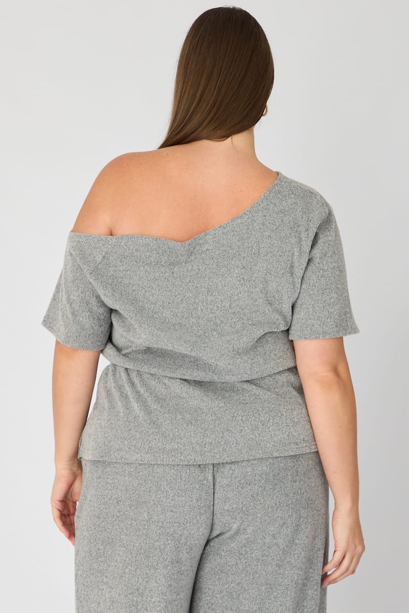 Grey One Shoulder Top Short Sleeve Tie Waist for YouandAll Fashion