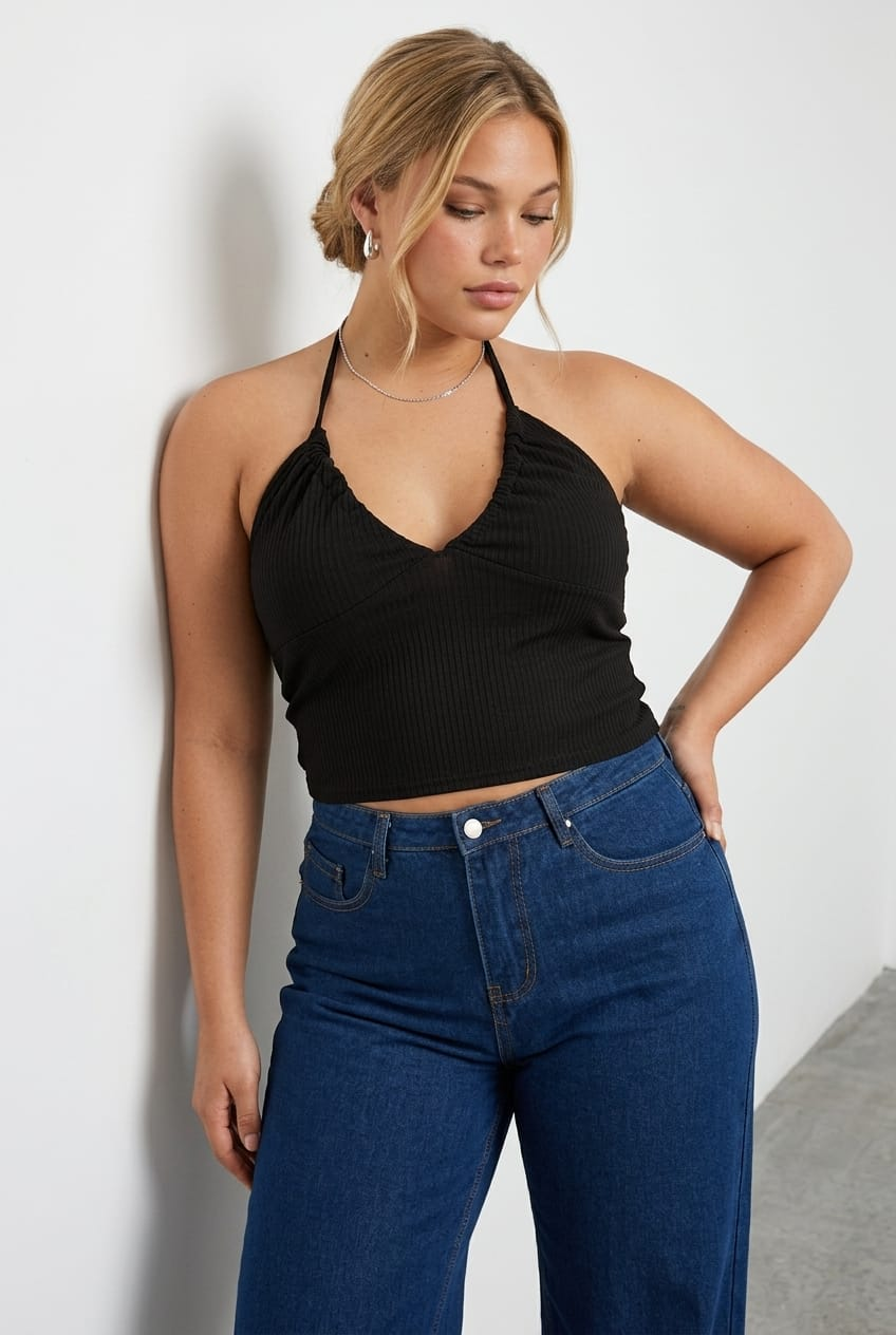 Black Halter Top Rib Jersey Gather Bust Detail for YouandAll Fashion