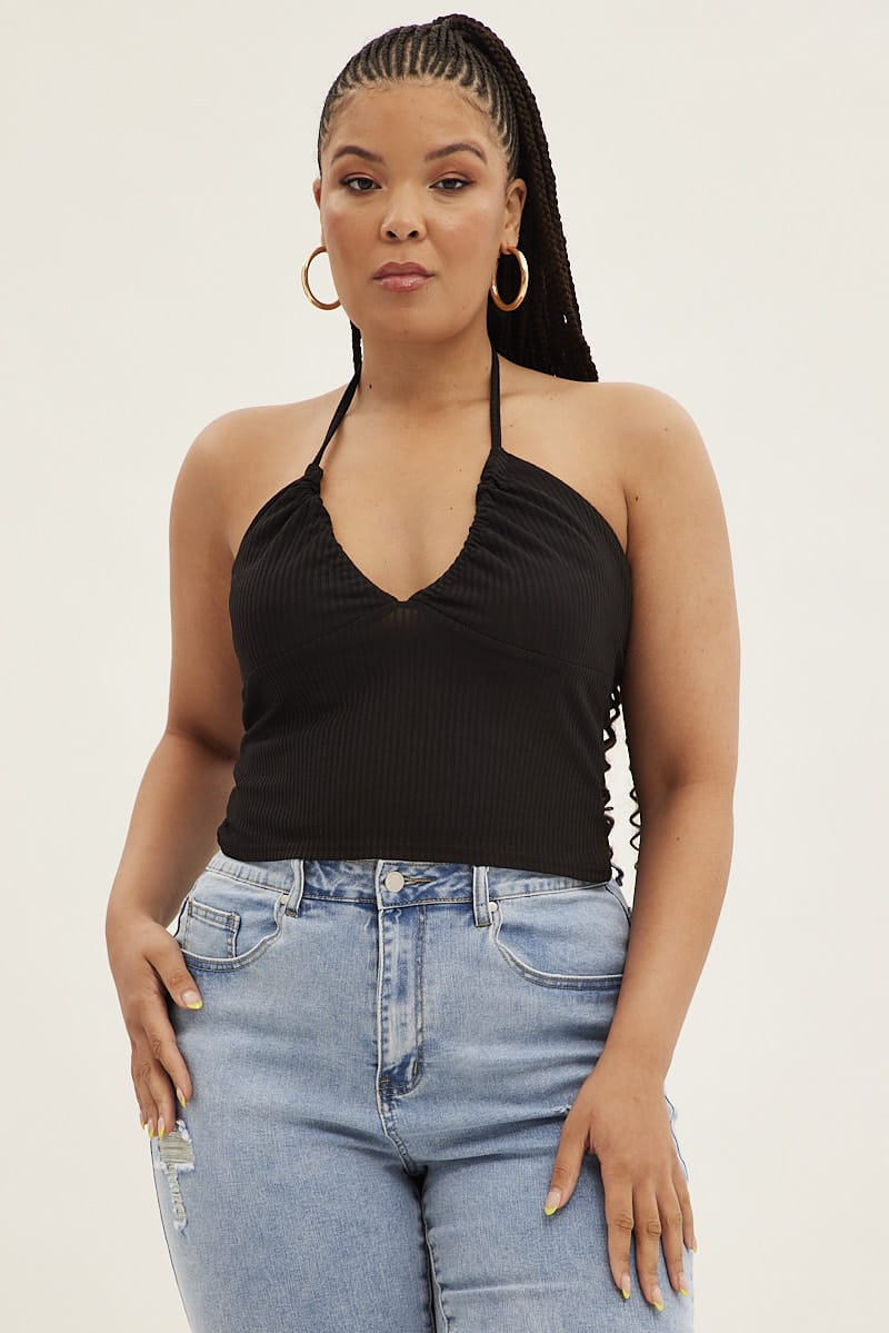 Black Halter Top Rib Jersey Gather Bust Detail for YouandAll Fashion